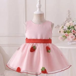 Vestido de Fresitas para Niña Rosado con Lazo – Vestido Infantil