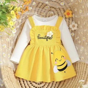 Conjunto de Abejita para Bebé Niña con Vestido Amarillo y Body Blanco