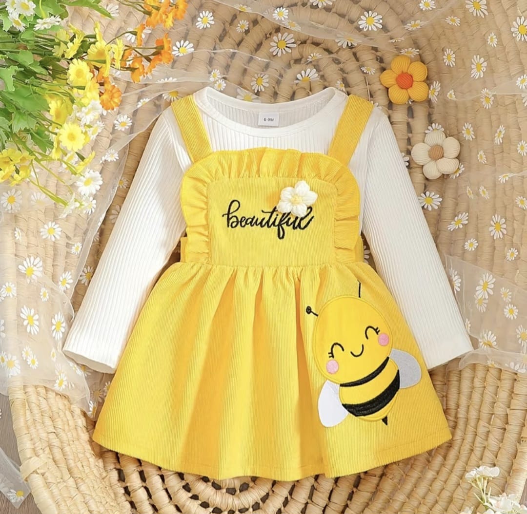Conjunto de Abejita para Bebé Niña con Vestido Amarillo y Body Blanco