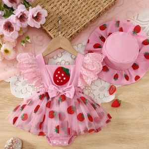 Vestido de Fresitas para Niña con Vincha – Disfraz Infantil Rosado