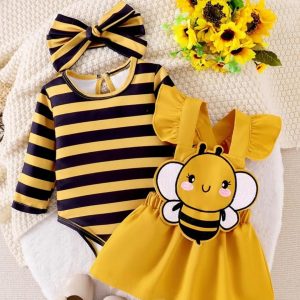 Conjunto de Abejita para Bebé Niña con Vestido Amarillo y Body a Rayas