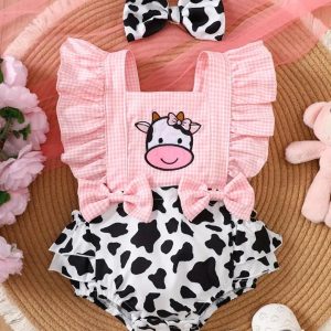 Body de Vaquita para Bebé Niña Rosado con Volantes y Estampado de Vaca