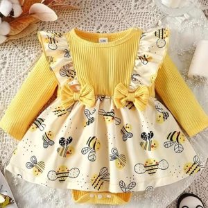 Vestido de Abejitas para Bebé Niña Amarillo con Mangas Largas