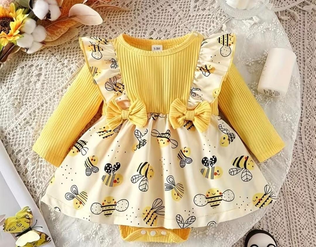 Vestido de Abejitas para Bebé Niña Amarillo con Mangas Largas
