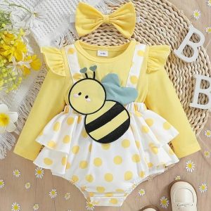Vestido de Abejita para Bebé Niña con Lunares y Lazo Amarillo