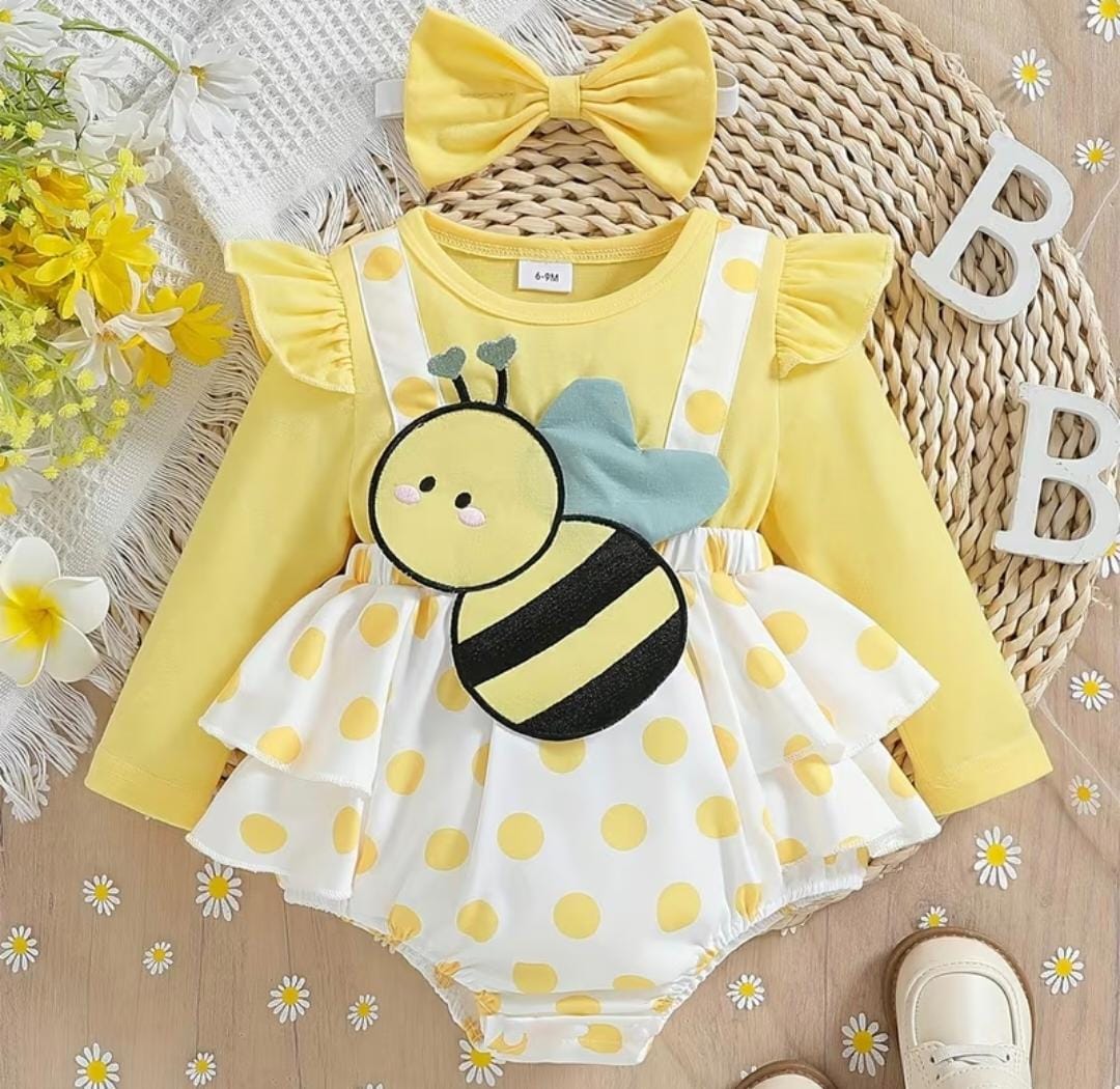 Vestido de Abejita para Bebé Niña con Lunares y Lazo Amarillo