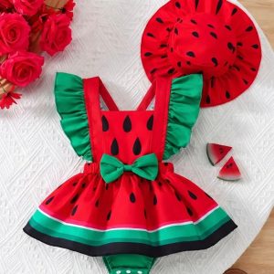 Vestido de Sandía para Niña con Vincha – Disfraz Infantil Rojo y Verde