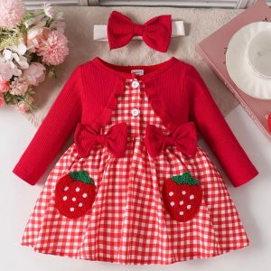 Vestido de Fresita para Bebé Niña Rojo de Manga Larga con Vincha