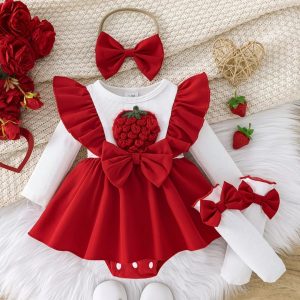 Conjunto de Fresita para Bebé Niña – Vestido Rojo y Blanco