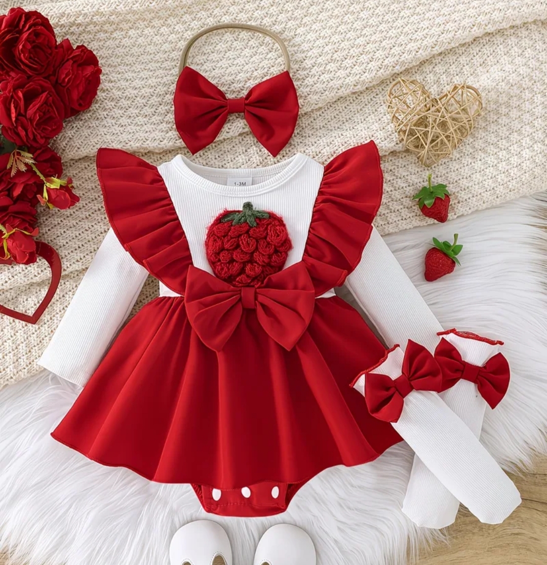Conjunto de Fresita para Bebé Niña – Vestido Rojo y Blanco