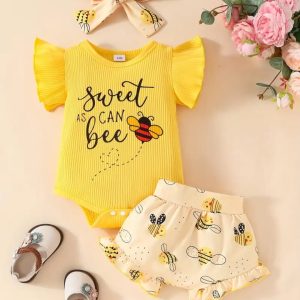 Conjunto de Abejita para Bebé Niña – Body y Short Amarillo