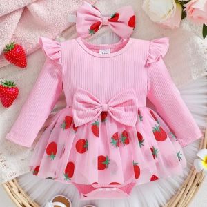 Vestido de Fresitas Rosado para Bebé Niña con Mangas Largas