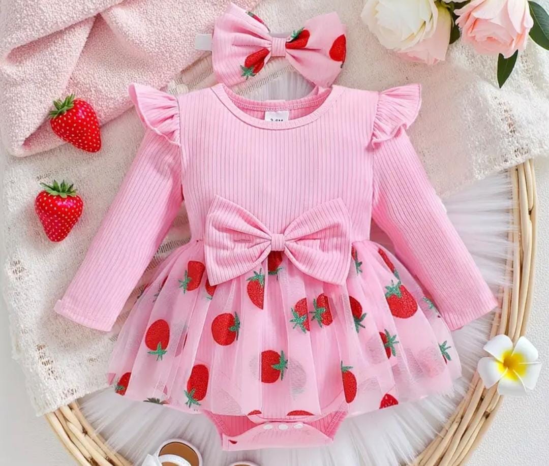 Vestido de Fresitas Rosado para Bebé Niña con Mangas Largas